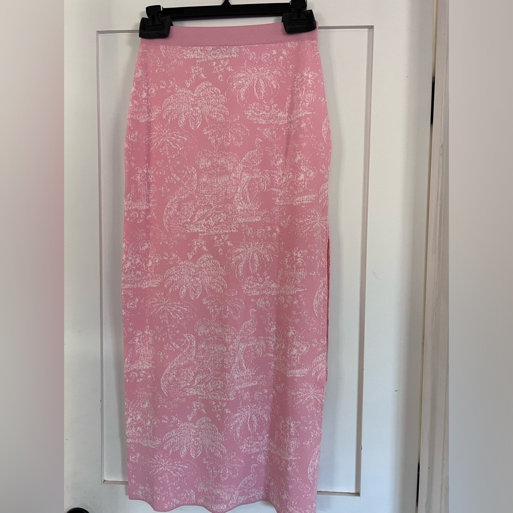 STAUD Pink with White Print Compact Knit Ankle Length Skirt